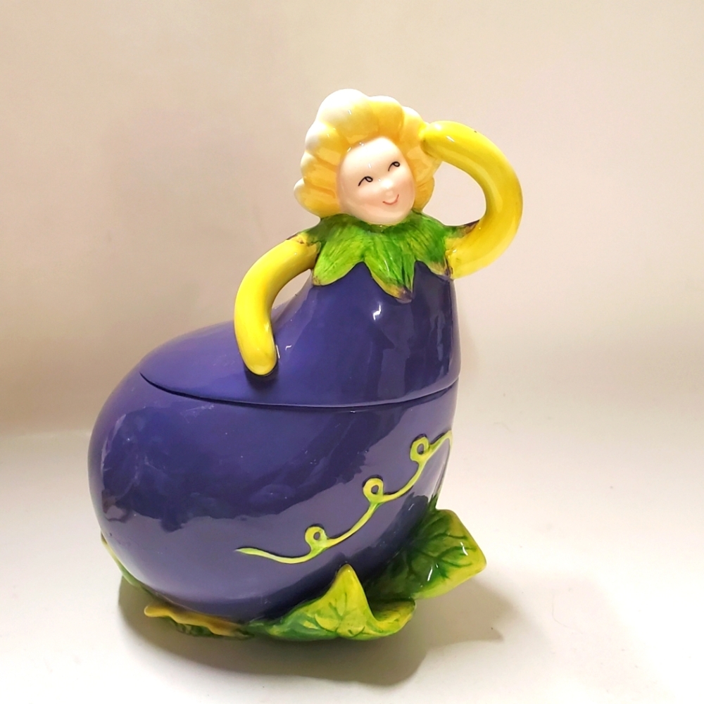 Vintage Anthropomorphic Eggplant Fairy Lady Canister Covered Dish Fairycore